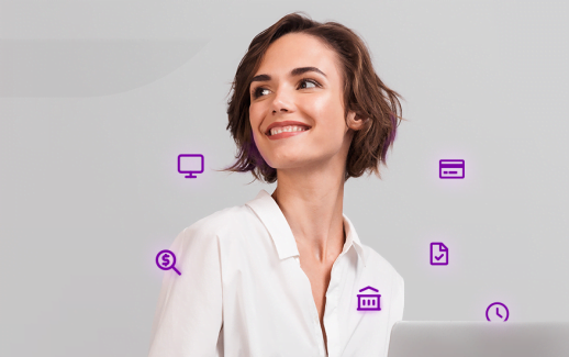Mulher sorrindo com ícones ao seu redor