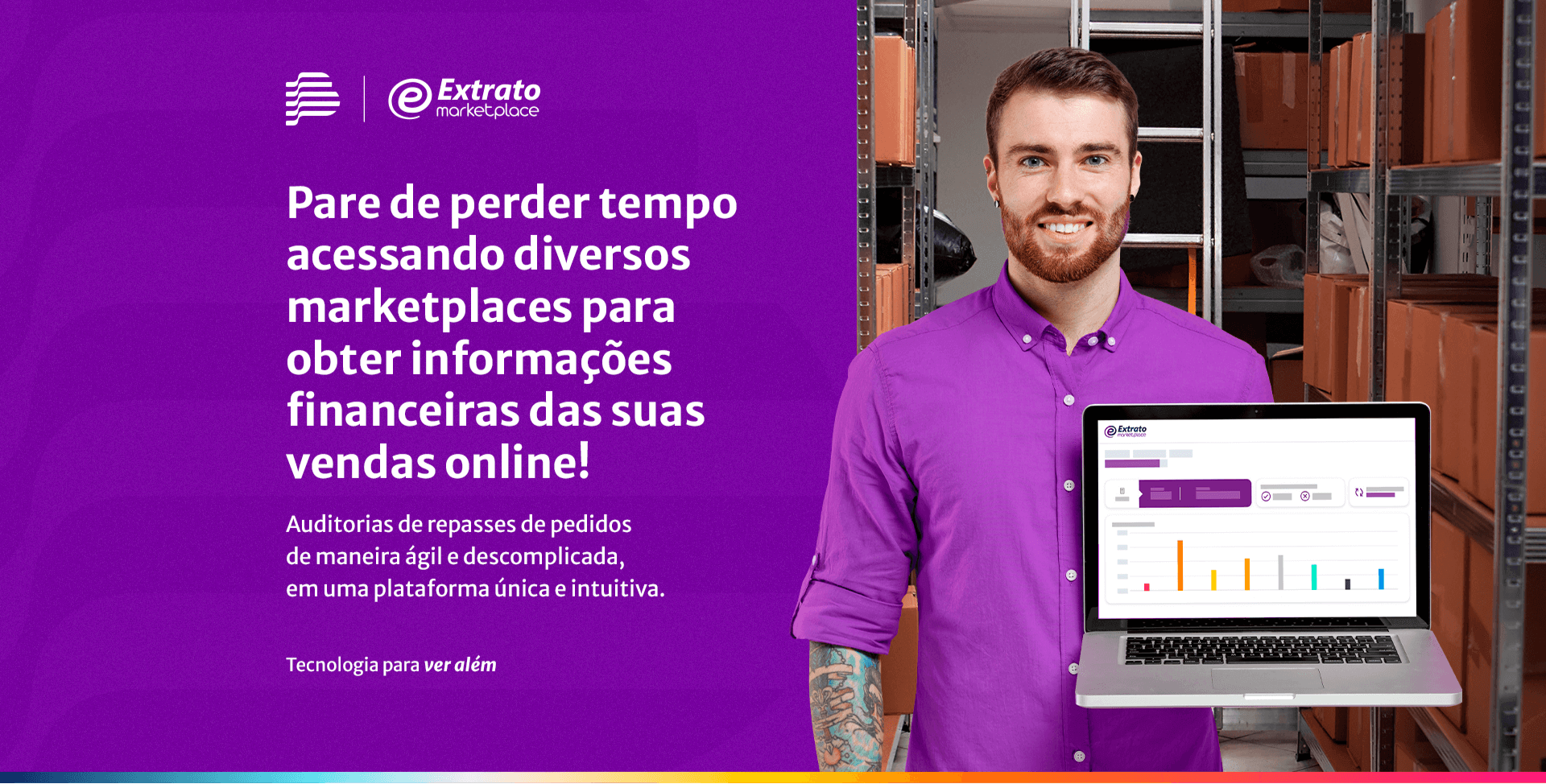 Banner extrato macketplace, homem segurando notebook com o apliocativo aberto